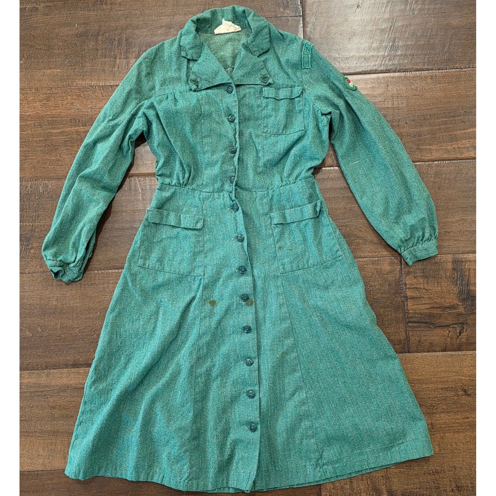 VTG RARE Girl Scouts Official Cottagecore Uniform Dress Green Button 1940s